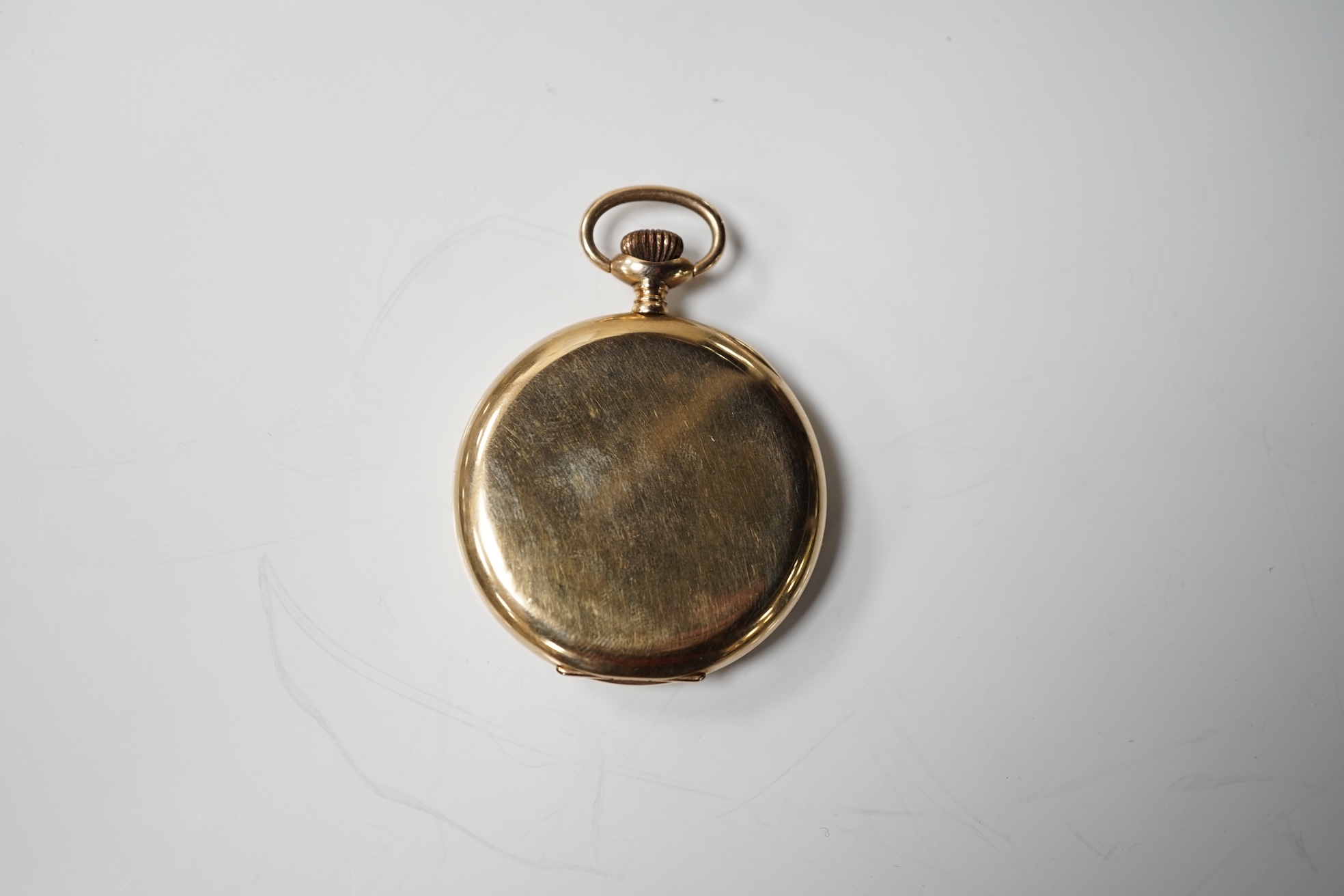 A George V 9ct gold open face pocket watch, with Arabic dial and subsidiary seconds, case diameter 46mm, gross weight 51 grams. Condition - fair